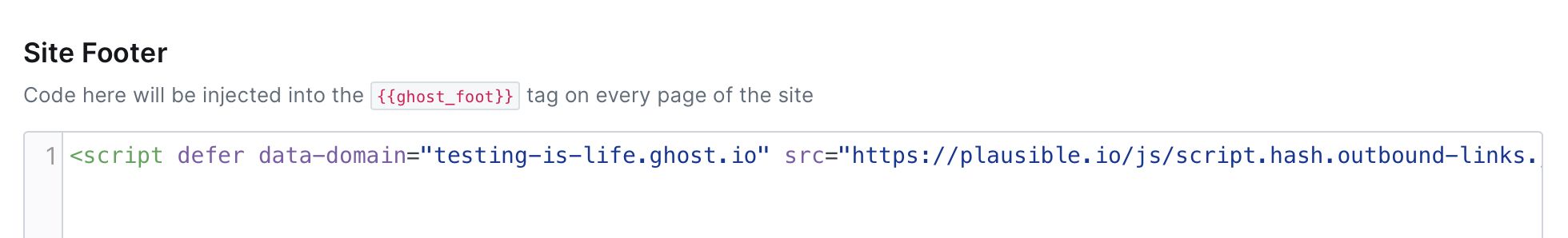 Screenshot of Site Footer section of Code Injection in Ghost, with code pasted in