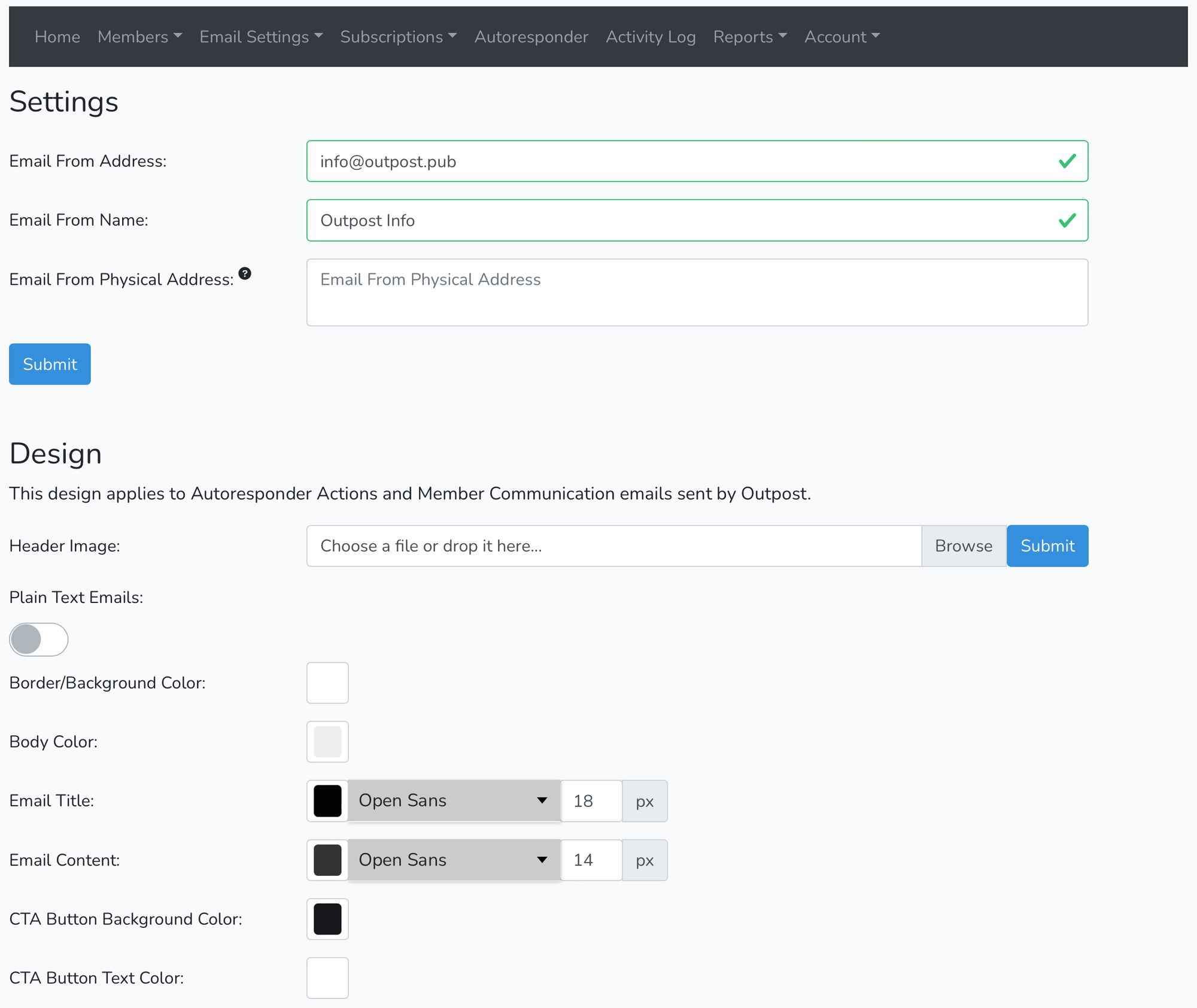 Screenshot of Email Settings in Outpost Control Center