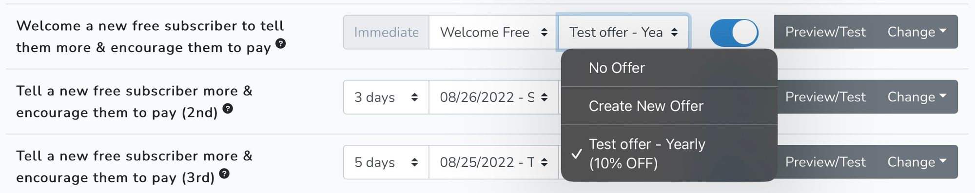 Screenshot of Autoresponder discount offer menu