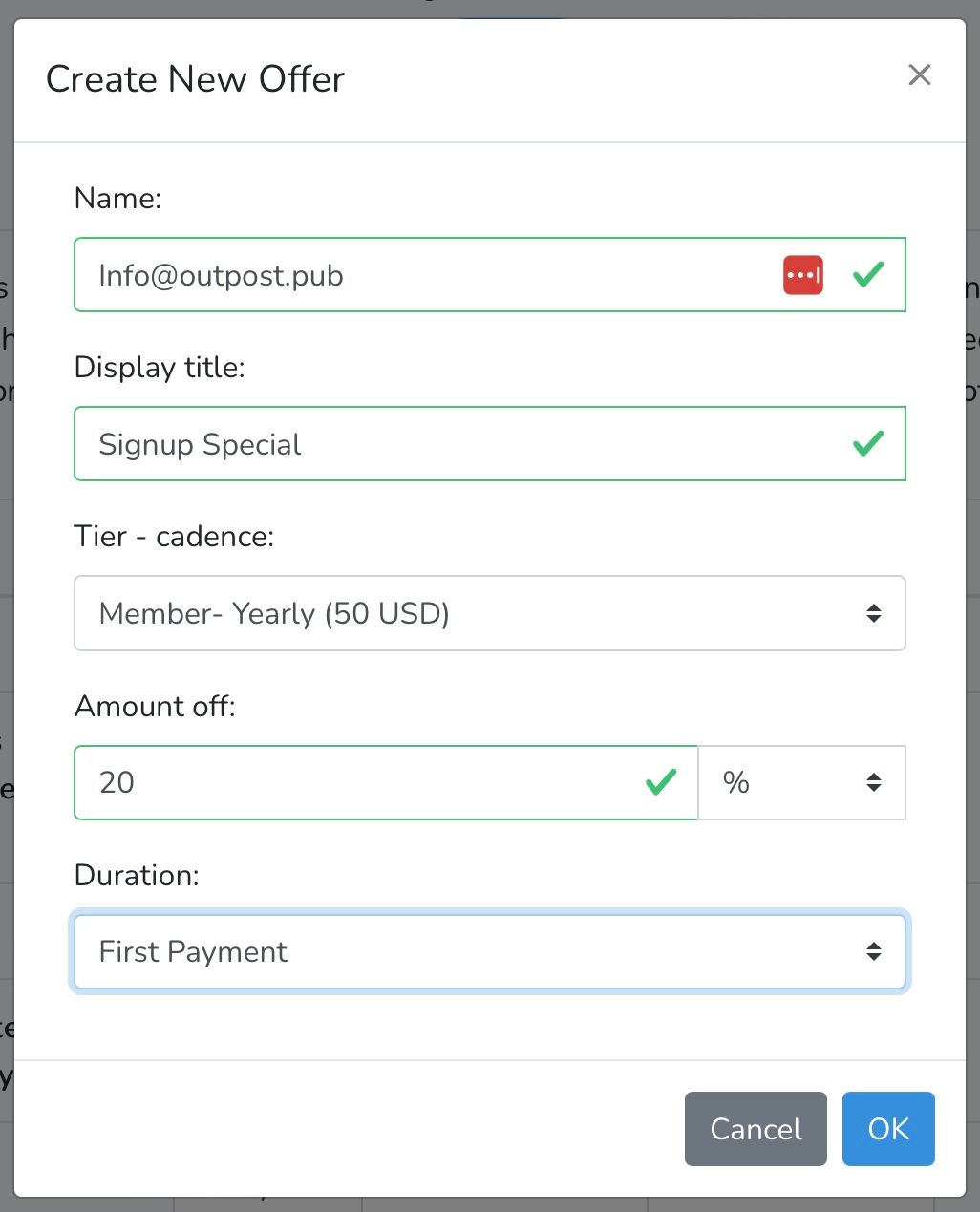 Screenshot of Create New Discount Offer menu