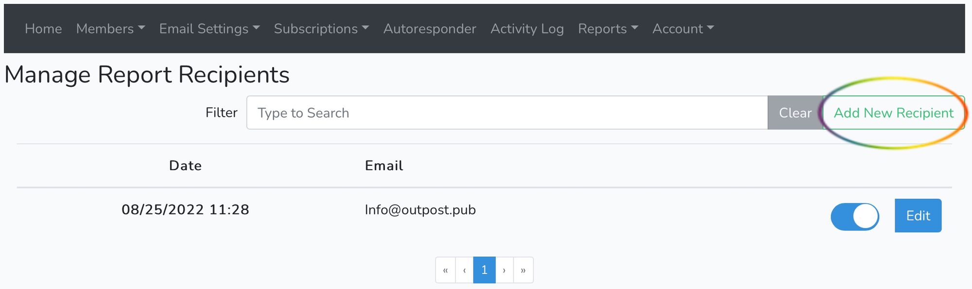 Screenshot of Manage Report Recipients page