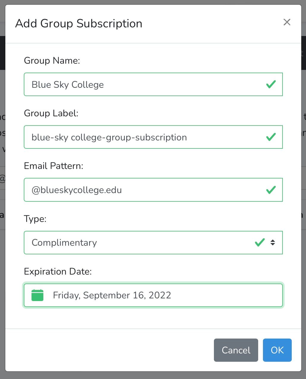Screenshot of form to add new group subscription