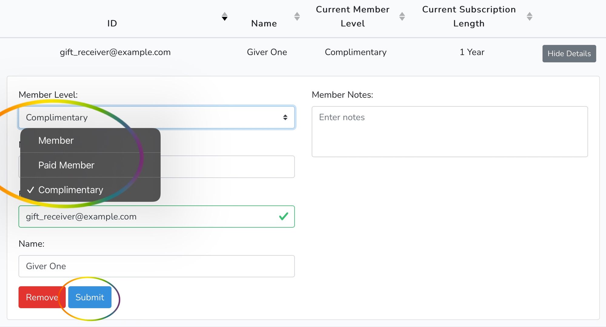 Member details menu with Complimentary Member Level and Submit circled