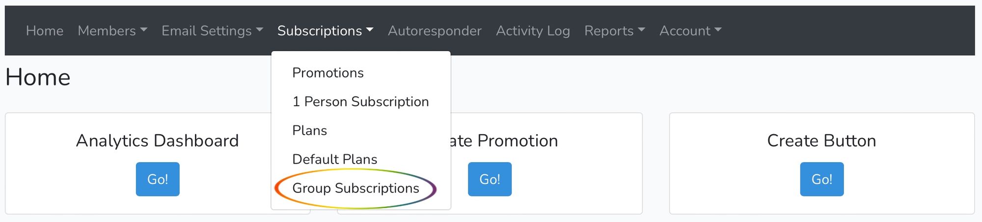 Screenshot of the Subscriptions dropdown menu with Group Subscriptions circled