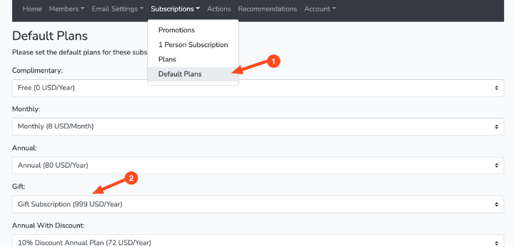 Screenshot of Default Plans in Subscriptions in Outpost