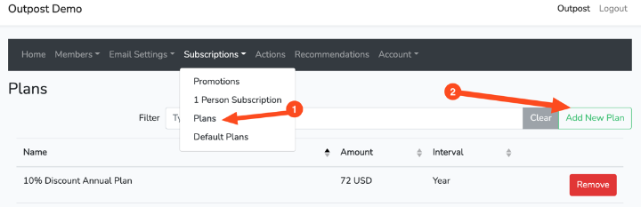 Screenshot of Subscription tab, with Plan and Add New Plan pointed out