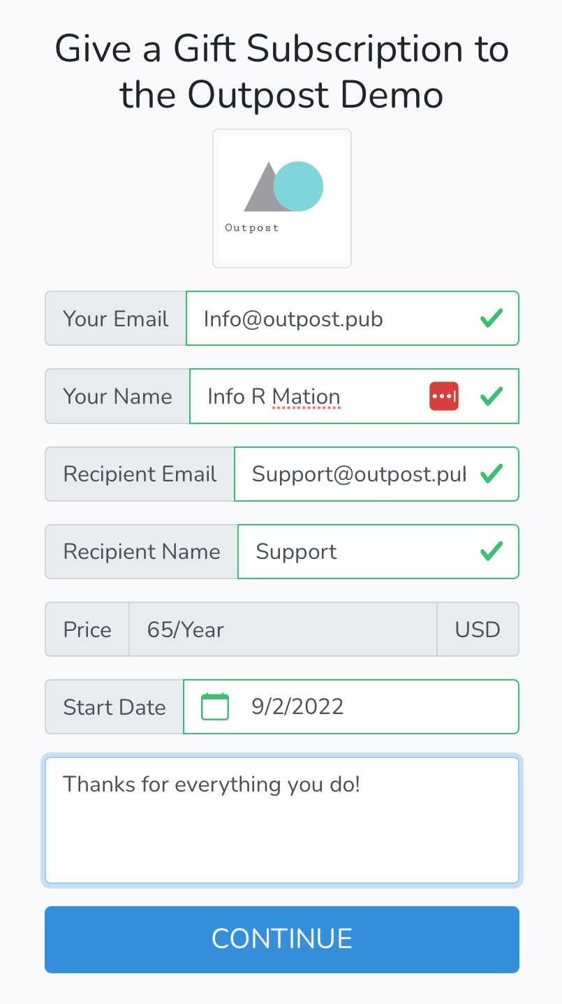 Screenshot of Outpost’s Gift Subscription page