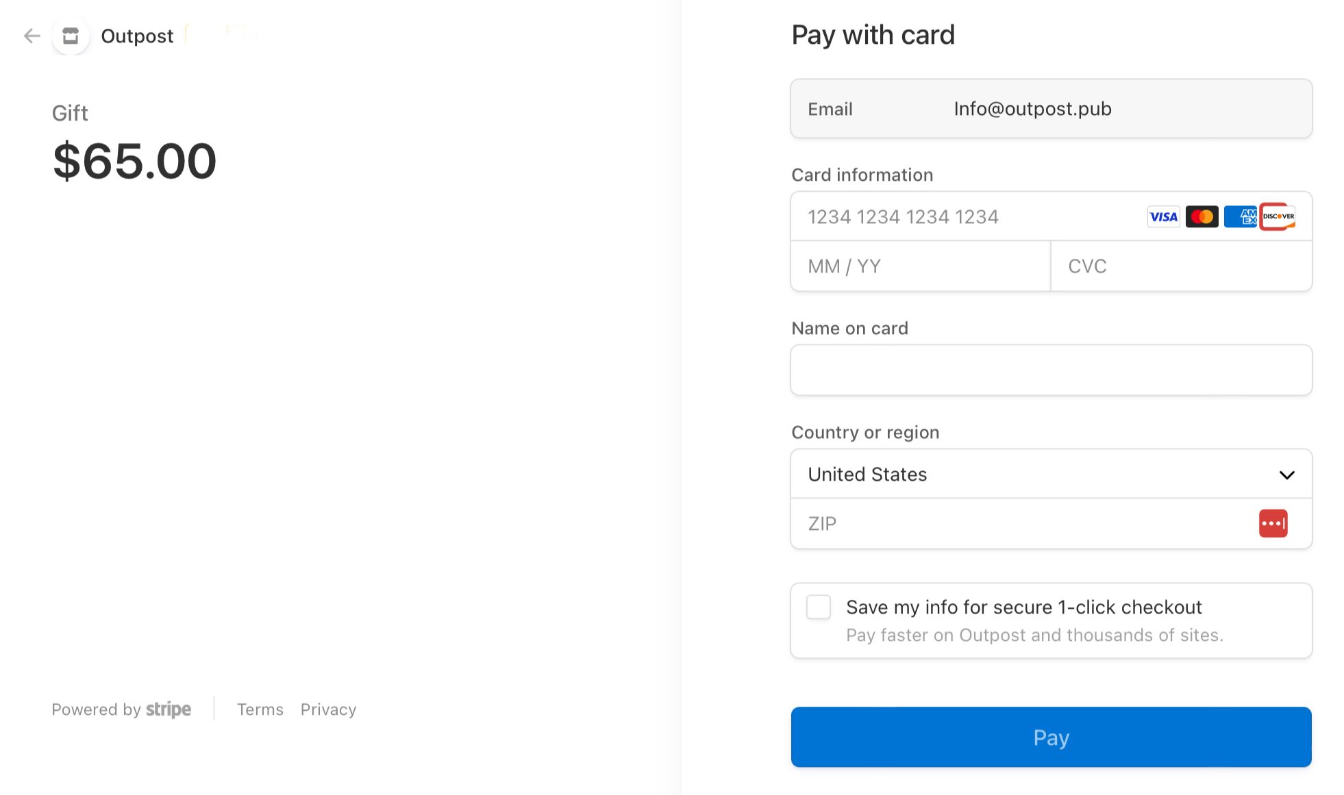Screenshot of Stripe payment page