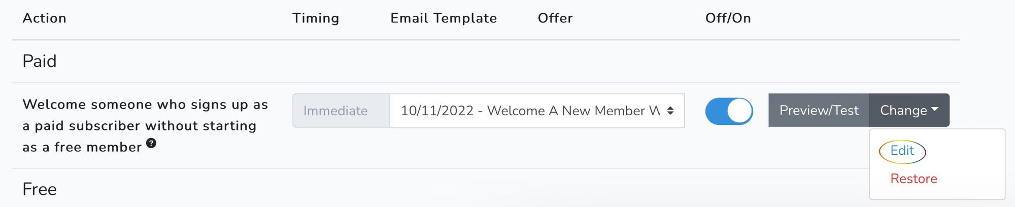 Screenshot of Welcome Email template in Autoresponder, with Edit circled