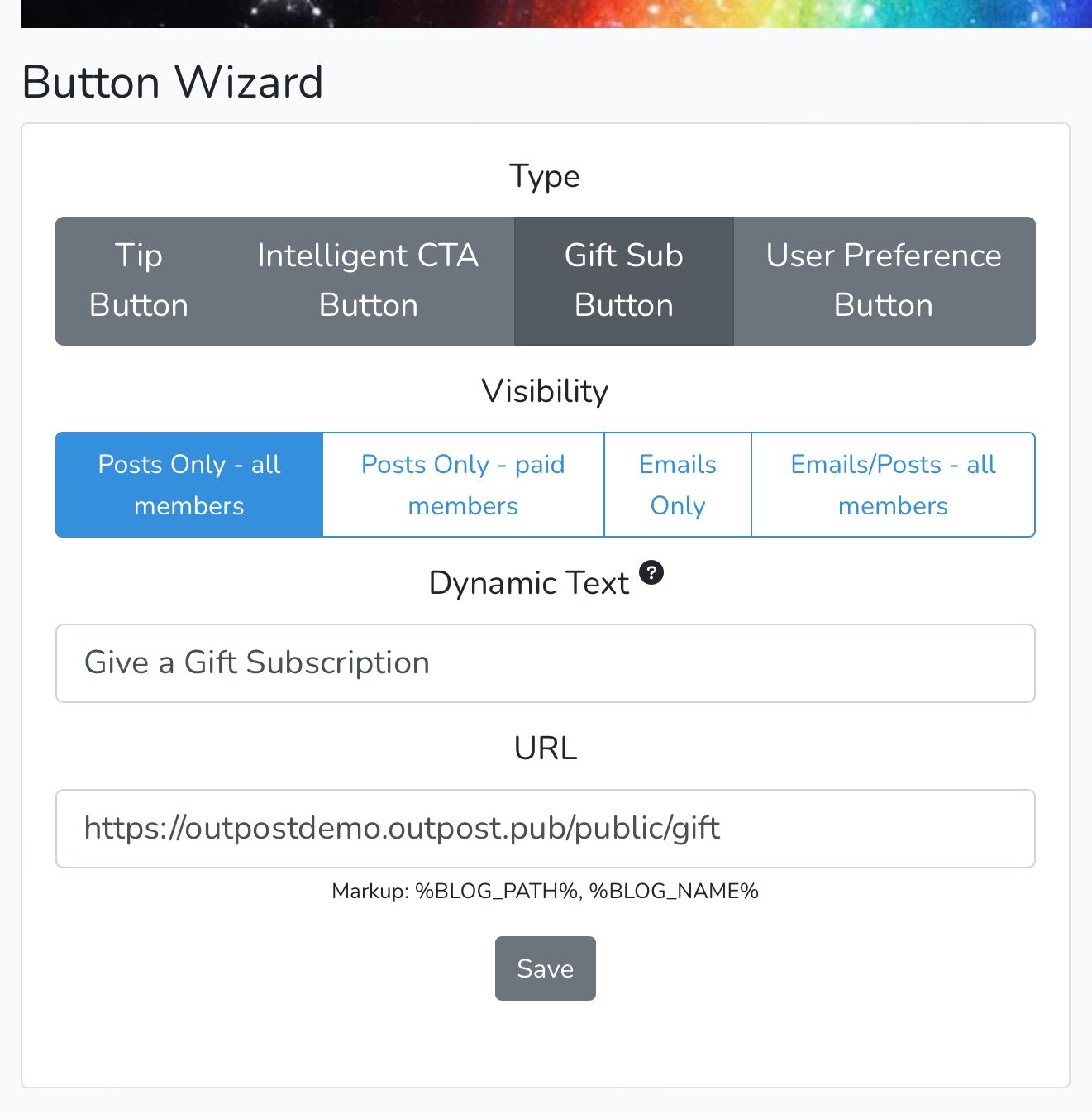Screenshot of Gift Subscription Button Wizard in Outpost