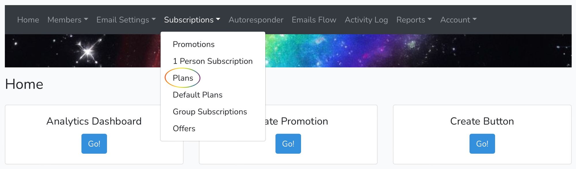 Screenshot of Subscriptions menu with Plans circled