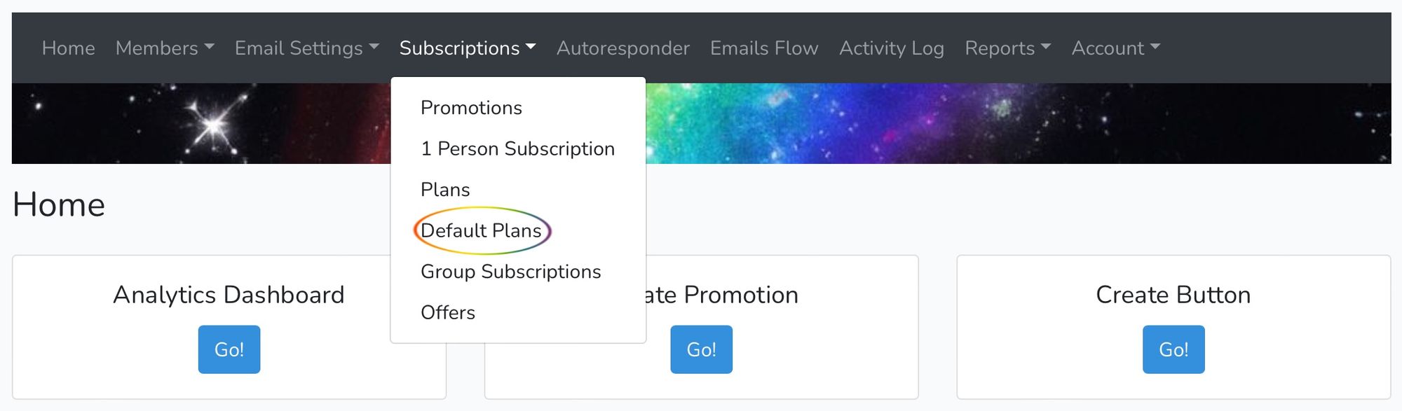 Screenshot of Subscriptions menu, with Default Plans circled