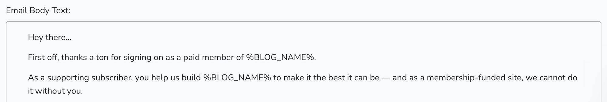 Screenshot of email template with %BLOG_NAME%