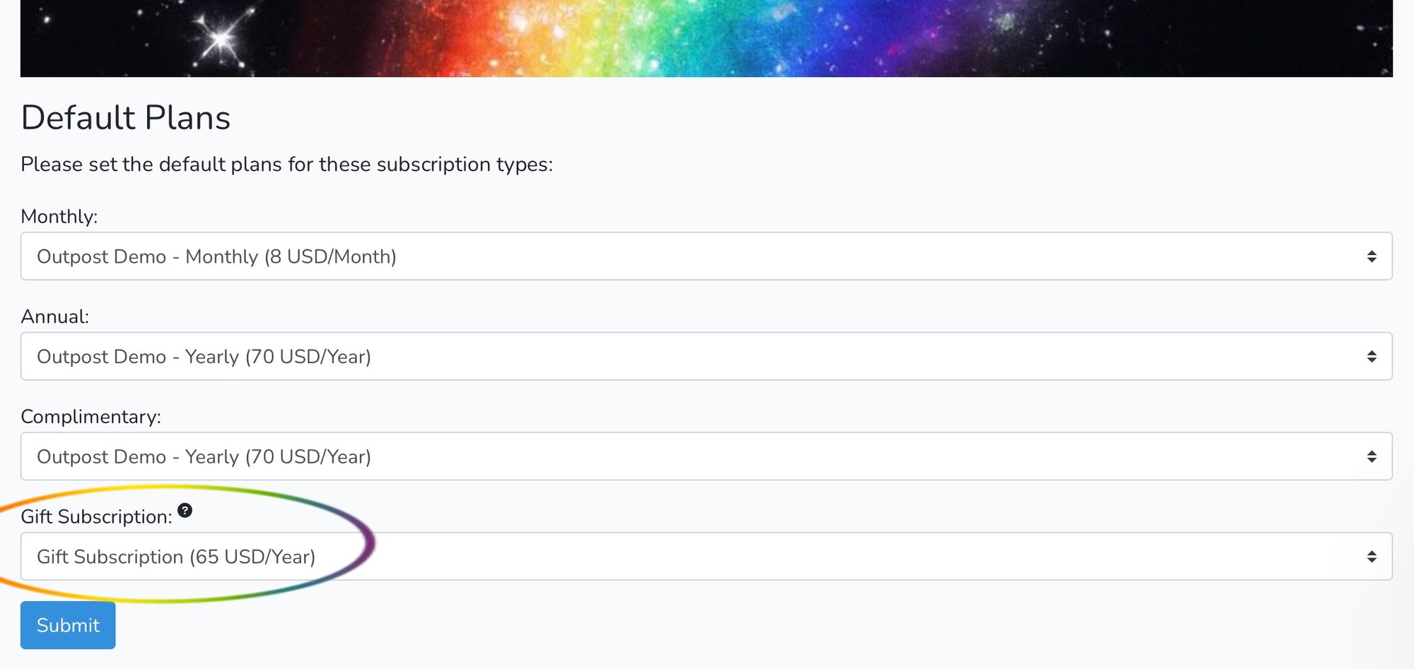 Screenshot of Default Plans 