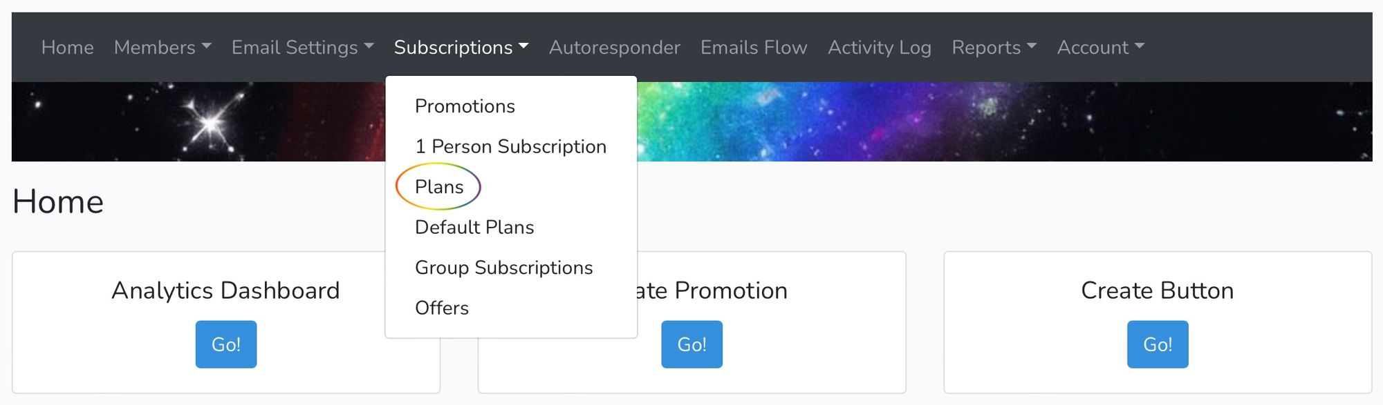 Screenshot of Subscriptions menu, with Plans circled