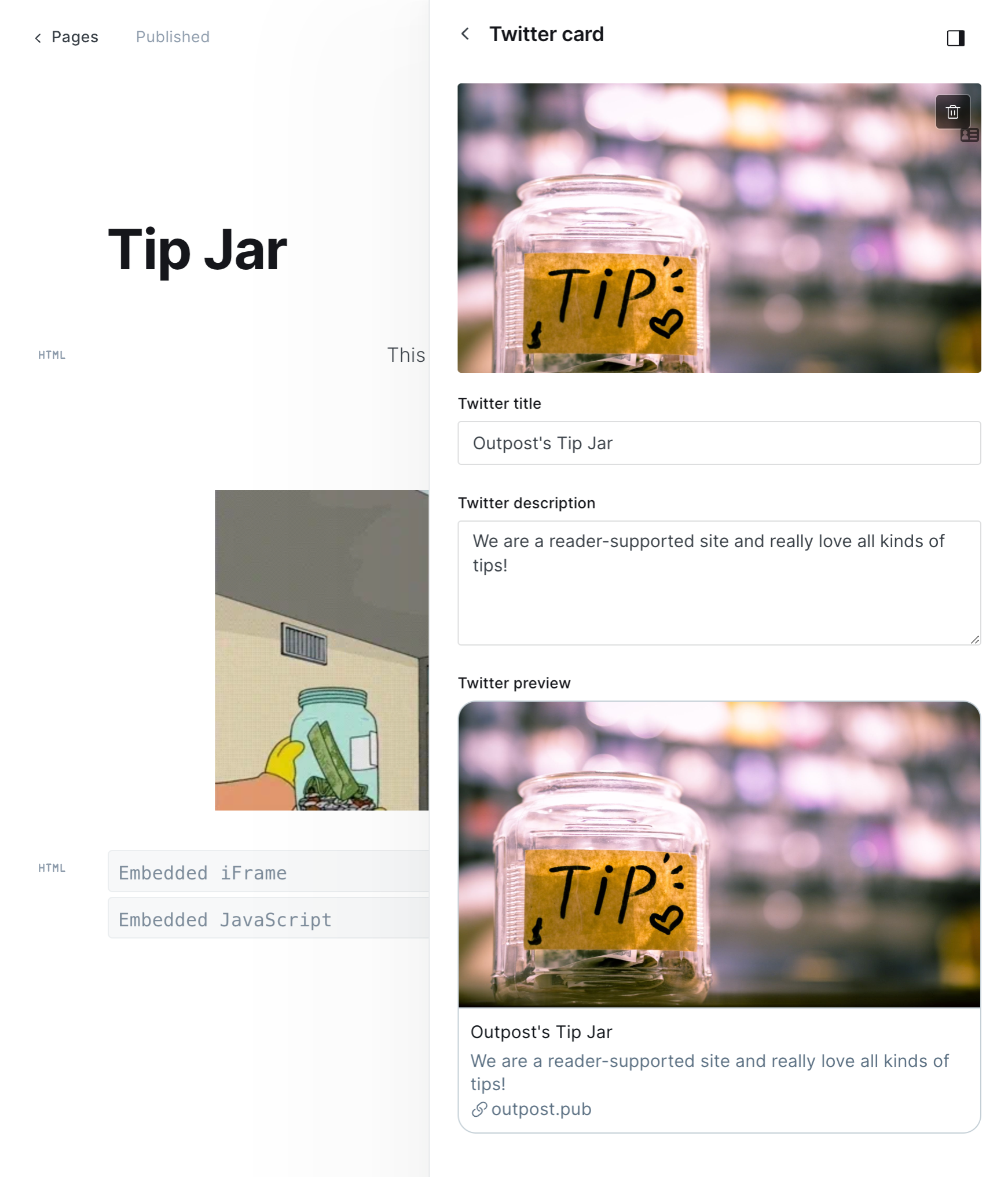 Screenshot of setting up Twitter sharing details for the Outpost Tip Jar