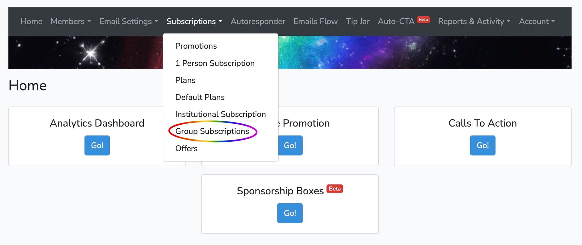 Screenshot of Subscriptions menu with Group Subscriptions circled