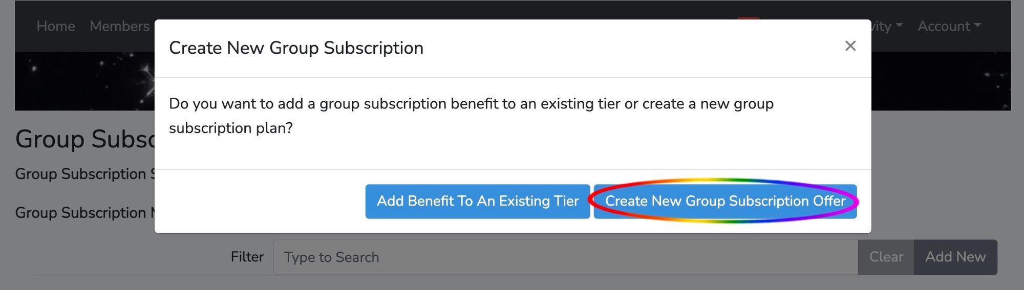Create New Group Subscription circled