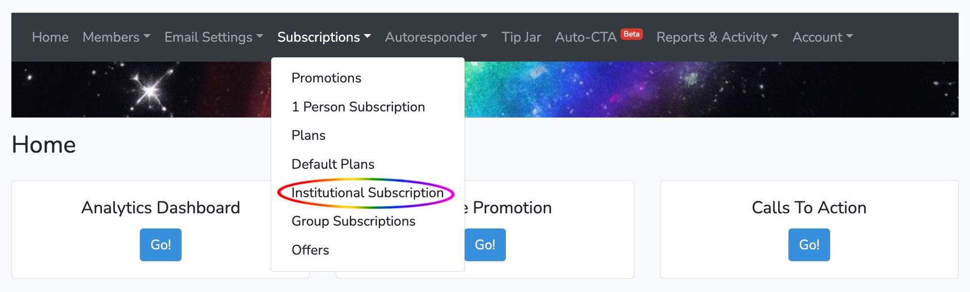 Institutional Subscription circled in menu