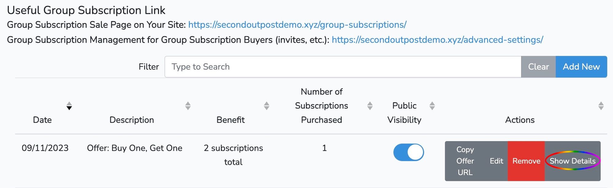 Group Subscription menu with Show Details circled