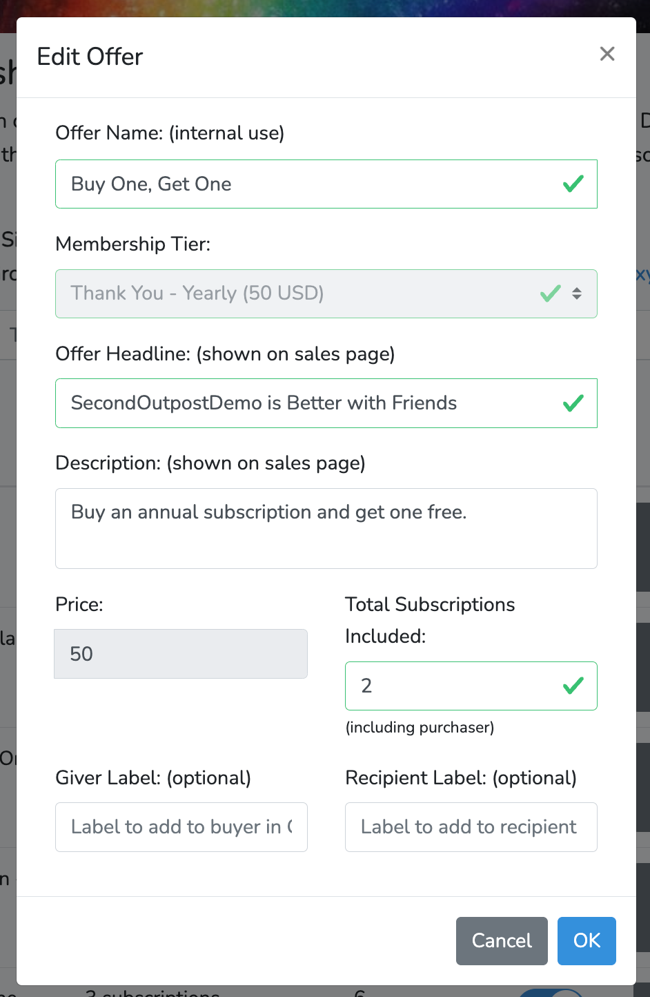 Screenshot of Group Subscription edit form