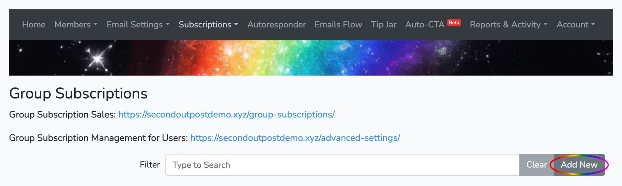 Group Subscriptions page with Add New circled