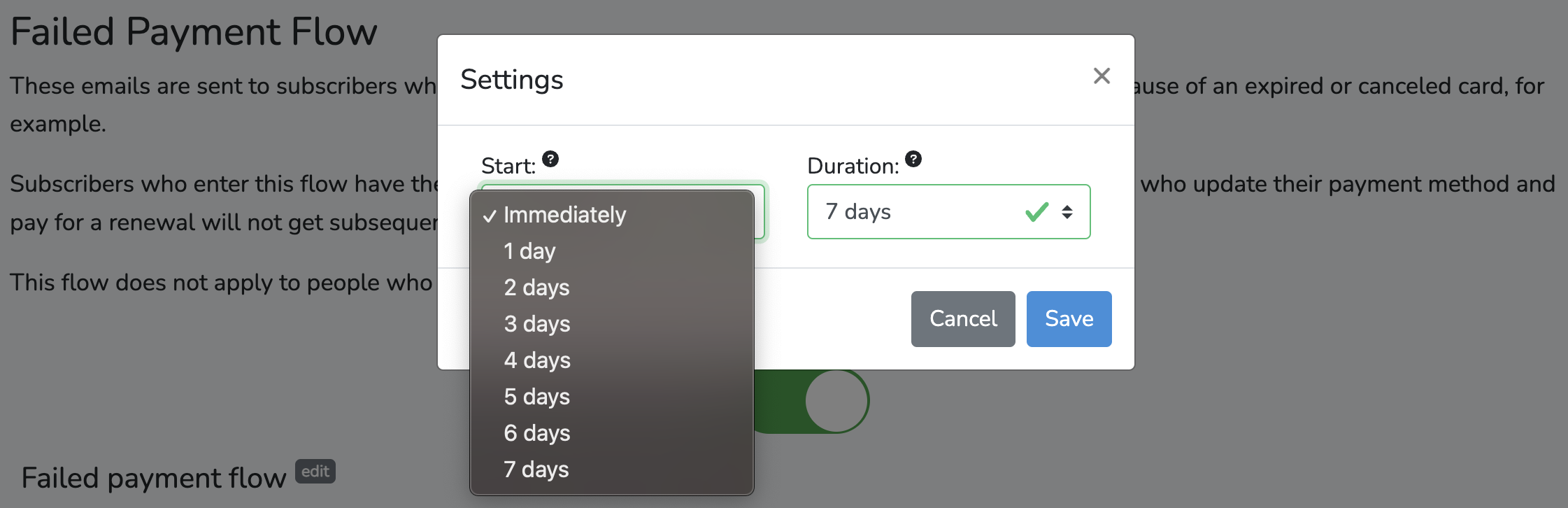 Screenshot of start date settings