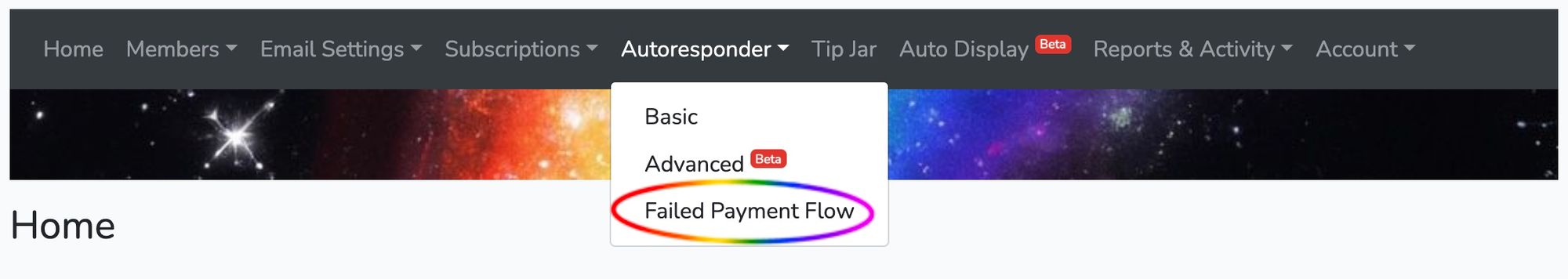 Screenshot of Failed Payment Flow circled under Autoresponder menu