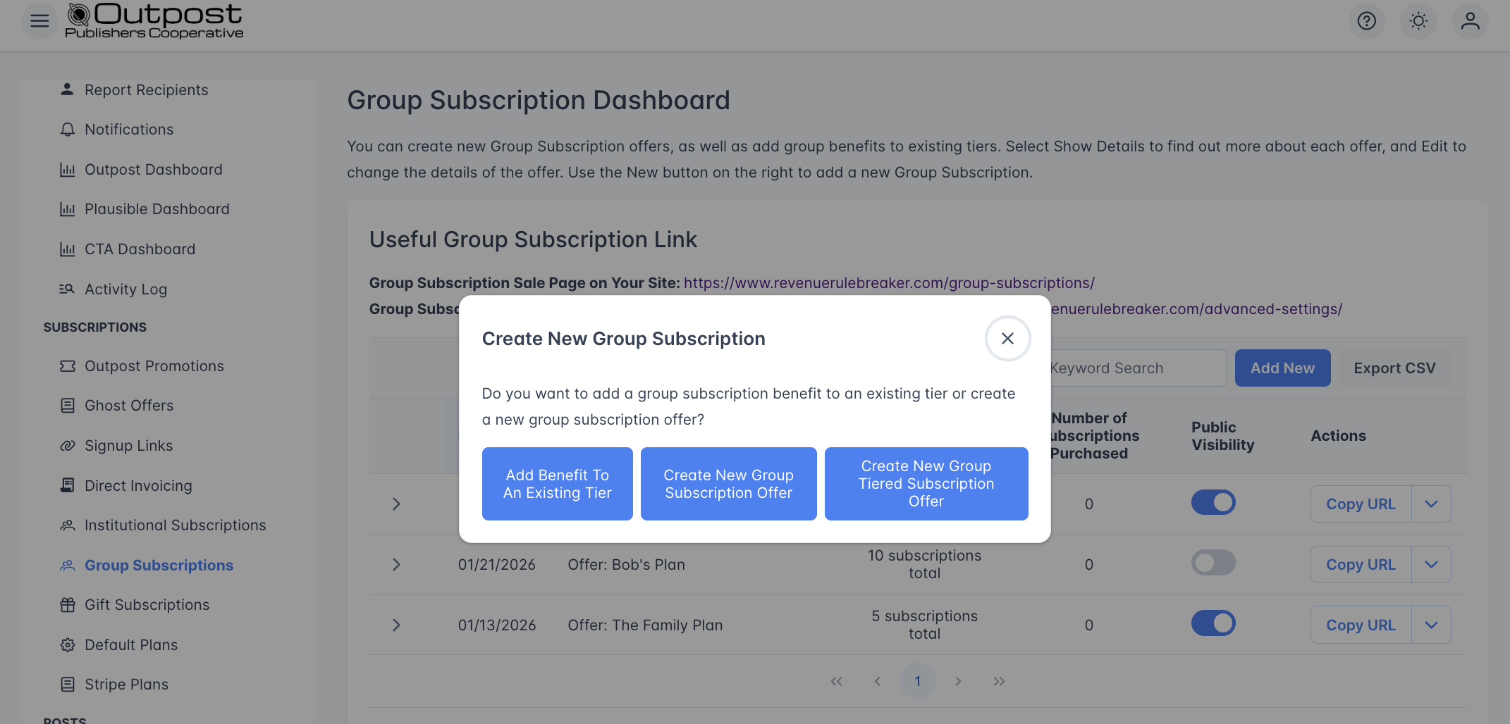 Group subscription options