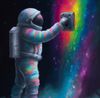 Astronaut unlocking a magical rainbow door
