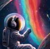 Astronaut with headphones on, floating through rainbow-filled space
