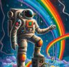 Astronaut with robotics and rainbows in space