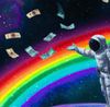 Astronaut reaching out towards money raining down in space