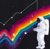 Astronaut looking at rainbow graphs and analytics in space