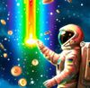 Astronaut pushing a magical button that makes gold coins rain do