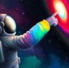 Rainbow astronaut pressing a glowing button in space