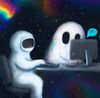 Astronaut co-working with a ghost in space