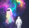Astronaut talking with a rainbow ghost in space