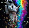 Astronaut looking up as money and rainbows pour down