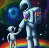 Astronaut and robot exploring space together
