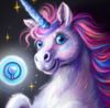Cute space unicorn offering you a glowing button