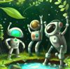 Happy robots in a verdant, watery world, ready to go to work for you