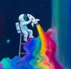 Astronaut with a rainbow rocketship in space
