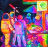 Group of astronauts shopping at a space market