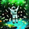 Astronaut celebrating in a pool of money, with more raining down