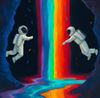 Astronauts exploring a rainbow portal