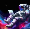 Painting of astronaut emailing in space