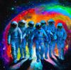 Painting of team of astronauts walking through a colorful portal together