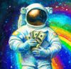 Painting of astronaut holding cash in space