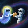 Painting of an astronaut giving a gift to a ghost in space